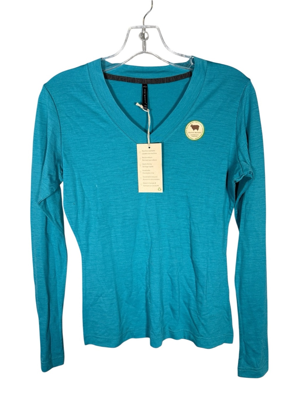 NWT Seg'ments Merino Wool Teal Base Layer V Neck Hiking Outdoors Long Sleeve S